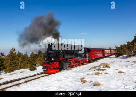 Brockenbahn Steam train locomotive railway rail on Brocken mountain in Germany Stock Photo