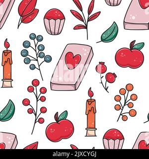 Cute cozy background with leisure items. Seamless pattern with book, candle, cupcake, berries and leaves. Autumn colorful print for textiles, design Stock Vector