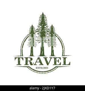 Vintage pine forest three pine tree illustration logo, design template, green emblem .vector symbol Stock Vector