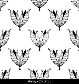 Seamless pattern with silhouettes of doodle flowers in black color on white background. Greek ornament. Hand drawing. Vector illustration Stock Vector