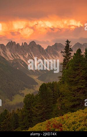 The mountain pasture Kemater Alm with the mountain range Kalkkoegel in the background at sunset. Stubai Alps, Tyrol, Austria Stock Photo