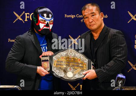 Tokyo, Japan. 07th Sep, 2022. (L to R) Japanese Pro Wrestlers The Great Sasuke (Masanori Murakawa)and Masato Tanaka pose for the cameras during a news conference at the Foreign Correspondents' Club of Japan on September 7, 2022, in Tokyo, Japan. The Great Sasuke, who is one of the most popular wrestlers in Japan and a politician, came alongside the professional wrestler and defending champion Masato Tanaka (and other guests) to announce a title match for the Zero One World Heavyweight Wrestling Championship to be held on September 10 in Takomachi, Chiba Prefecture. Credit: Aflo Co. Ltd./Alamy  Stock Photo