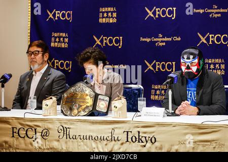 Tokyo, Japan. 07th Sep, 2022. (R) Japanese Pro Wrestler The Great Sasuke (Masanori Murakawa)speaks during a news conference at the Foreign Correspondents' Club of Japan on September 7, 2022, in Tokyo, Japan. The Great Sasuke, who is one of the most popular wrestlers in Japan and a politician, came alongside the professional wrestler and defending champion Masato Tanaka (and other guests) to announce a title match for the Zero One World Heavyweight Wrestling Championship to be held on September 10 in Takomachi, Chiba Prefecture. Credit: Aflo Co. Ltd./Alamy Live News Stock Photo