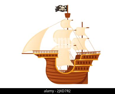 Wooden medieval pirate ship with white sails and black pirate flag galleon war wessel vector illustration isolated on white background Stock Vector