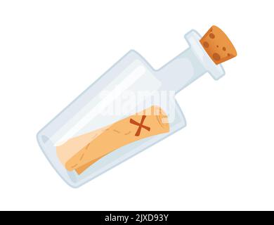 Treasure map sealed inside transparent glass bottle vector illustration isolated on white background Stock Vector