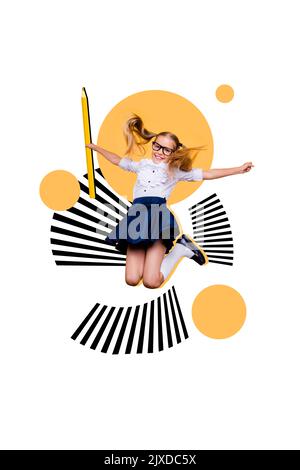 Photo cartoon comics sketch picture of happy excited little child jumping holding big pencil isolated drawing background Stock Photo