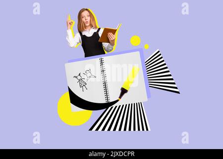 Creative abstract template graphics image of smart intelligent small kid pointing finger reading book isolated drawing background Stock Photo
