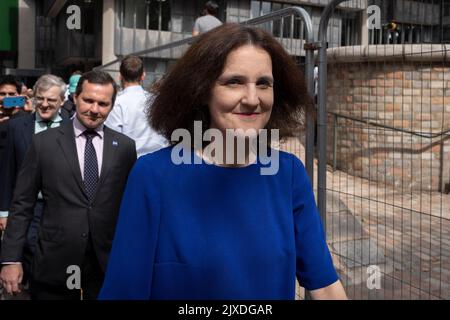 On the day that Liz Truss MP was elected by Conservative Party members, to replace Boris Johnson and be their new leader and the UK's next Prime Minister, Theresa Villiers MP leaves Queen Elizabeth Hall after the vote result in Westminster, on 5th September 2022, in London, England. In a 2 month-long candidate election that followed Johnson's removal from office, Truss beat her last rival Rishi Sunak, with a majority of 57% of the vote.