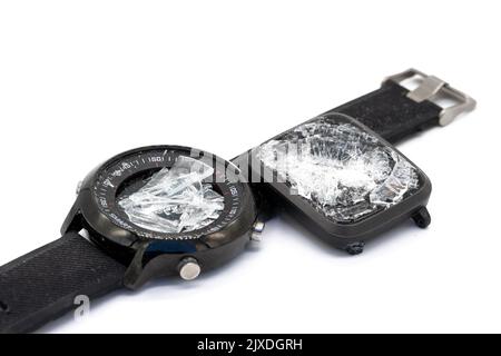 repair service Broken display of a clock on white background Stock Photo