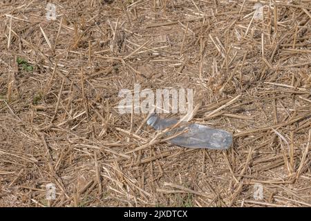 PTFE plastic soft drink bottle discarded in a recently cropped field with straw. For plastic pollution, environmental pollution, war on plastic waste. Stock Photo