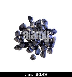 Samples of natural mineral from geological collection, tumbled Snowflake Obsidian gem stone isolated on white background close up Stock Photo