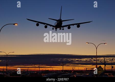 Richmond, British Columbia, Canada. 6th Sep, 2022. British Airways Airbus A380 jetliner (G-XLEF) lands at twilight, Vancouver International Airport. (Credit Image: © Bayne Stanley/ZUMA Press Wire) Stock Photo