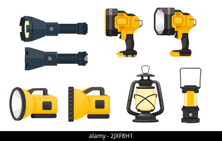 Collection of black and yellow modern led flashlight for tourism camping police or military usage vector illustration isolated on white background Stock Vector