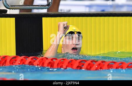 Jack McLoughlin of Australia reacts after winning the Mens 1500m Freestyle Final on day six of swimming competition at the XXI Commonwealth Games at Gold Coast Aquatic Centre on the Gold Coast, Australia, Tuesday, April 10, 2018. (AAP Image/Darren England)