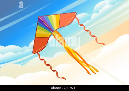 Kite soars in the sky flying colored toy vector illustration with cloudy morning sky on background Stock Vector