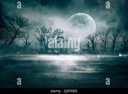 Fog In Spooky Forest At Night With Full Moon On Asphalt - Abstract Bokeh Lights And Tone Filter Stock Photo