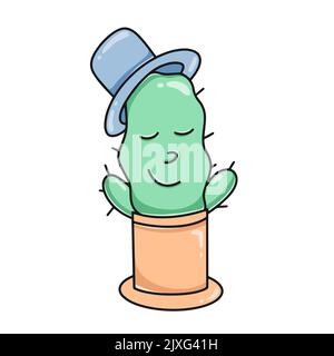 Cute cactus character in clay pot. Baby illustration cactus in hat isolated vector. Hand drawn cartoon Stock Vector