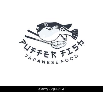 Puffer fish and chopsticks, japanese food, logo design. Fish, animal, food and restaurant, vector design and illustration Stock Vector