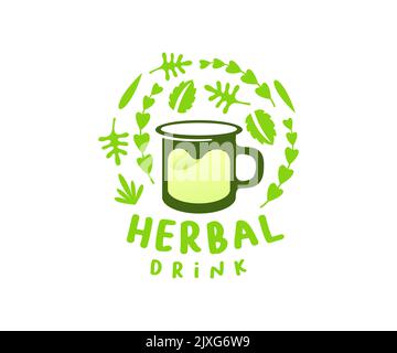 Herbal drink, cup or mug with leaves, logo design. Cafe, cafeteria, food, medicinal herbs and beverage, vector design and illustration Stock Vector