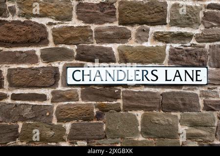 Street name sign for Chandlers Lane, Dundee.  Now contains homes converted from the former harbour workshops dating back to 1837. Stock Photo