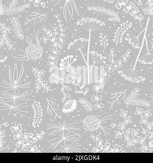 Merry Christmas, Happy New Year seamless floral pattern in elegant grey and white palette. Fir cones, doodle plants, and berries for greeting cards Stock Vector