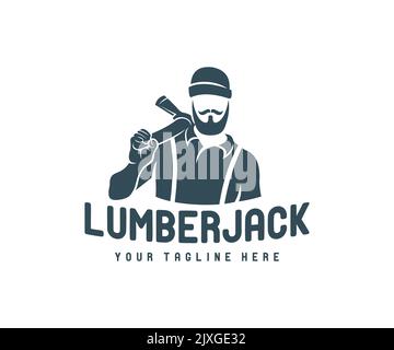 Man with an ax, lumberjack with a beard and mustache, in a knitted hat, logo design. Logger, woodsman, lumberman and hipster, vector design Stock Vector