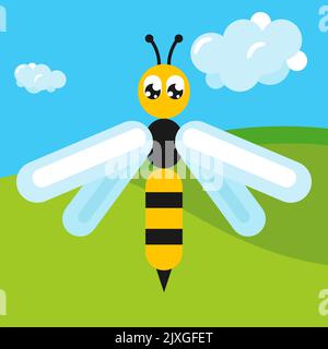 Geometric stylized bee in cartoon colorful valley. Domestic insect. Farm themed vector illustration for icon, stamp, label, badge, sticker or gift car Stock Vector