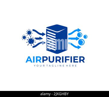 Air purifier for filter and cleaning removing dust and virus, fresh air, logo design. Air conditioner, air filtration and purification Stock Vector