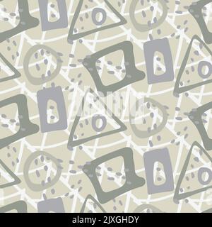Neutral modern memphis style seamless vector pattern background. Backdrop with naive circles, triangles, squares and dots in beige, ecru, light brown Stock Vector