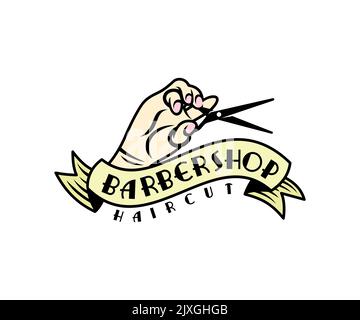 Barber shop or hairdresser shop, hand holds scissors, logo design. Hair salon, hairdresser, hair style and fashion, vector design and illustration Stock Vector