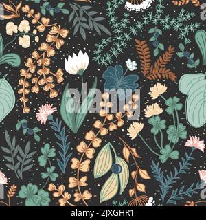 Cute wild flowers and herbs seamless pattern. Autumn vintage background for creating textiles, fabrics, paper, wallpapers. Dark background. Vector Stock Vector