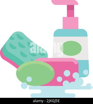 Hand and dish washing set. Soap and sponge icon Stock Vector