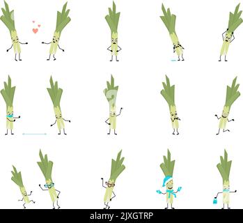 Set of cute green leek character with happy or sad emotions, panic, loving or brave face, hands and legs. Person with expression, green vegetable with mask, glasses or hat. Vector flat illustration Stock Vector