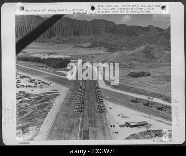 Aerial View Of Inspection Of Republic P-47 'Thunderbolts', 318Th Fighter Bgroup, Bellows Field, Oahu, Hawaii. 15 May 1944. Stock Photo