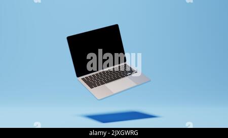 Laptop computer mockup with black empty screen, aluminum body. 3D render mock up of generic pc. Technology, communication, internet, digital. Creative Stock Photo