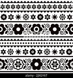 Polish traditional folk art vector seamless textile or fabric print pattern in black and white with floral motif - Lachy Sadeckie Stock Vector