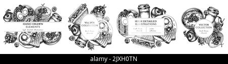Breakfast hand drawn frame templates. Vintage illustrations of sandwich, pancakes, bowl with avocado, porridge with berries, chia pudding, fried eggs Stock Vector