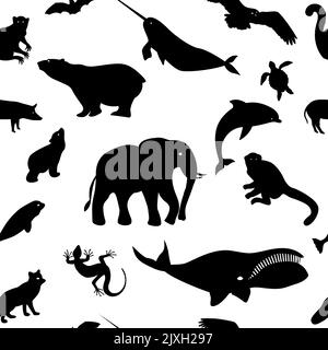 Black silhouettes of wild animals and birds Stock Vector