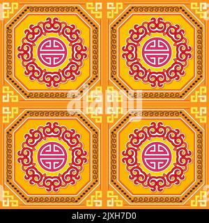 Mongolian oriental vector seamless pattern, retro folk art decor with swirls and geometric shapes in yellow, red and brown Stock Vector