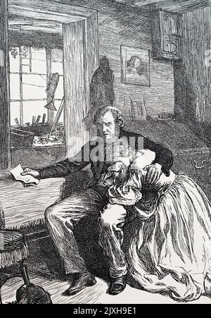 Illustration depicting a husband and wife crying after receiving news about the loss of their child. Dated 19th Century Stock Photo