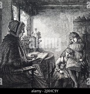 Illustration depicting an old lady reading to her granddaughter. Dated 19th Century Stock Photo