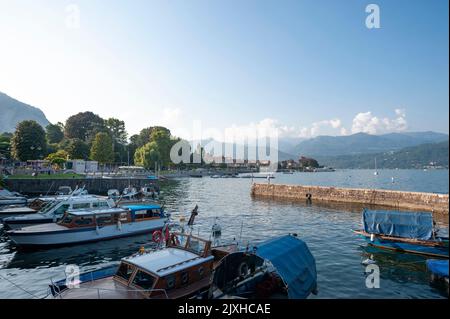 Cityscape at the port, Baveno, Piedmont, Italy, Europe Stock Photo