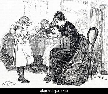 Illustration depicting a mother reading to her family. Dated 19th ...