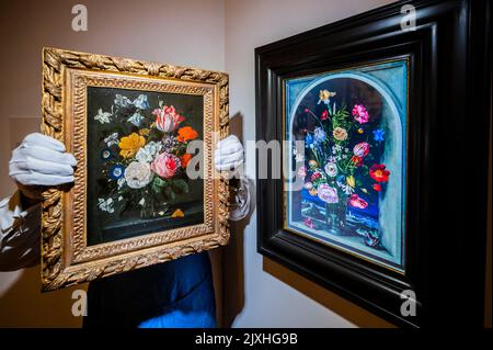 London, UK. 7th Sep, 2022. Jan Van Kessel, Still Life with Rose and Tulips in Glass Vase, est £120,000-180,000 with Rob and Nick Carter, Tranforming Still Life Painting, 2012 - The collection of Juan Manuel Grasset, Dutch and Flemish, Still Lifes In Private Hands at Sothebys, New Bond Street. It was presented in dialogue with pieces by British artists, Rob and Nick Carter and complemented by installations from South London-based floral studio Sage Flowers. It will be offered in Sotheby's London Old Masters Evening Sale on 7 December 2022. Credit: Guy Bell/Alamy Live News Stock Photo