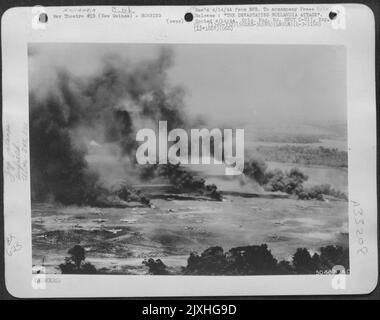 THE DEVASTATING HOLLANDIA ATTACK. These continued attacks ran the total score up to 288 enemy planes destroyed. Trails of smoke pour from burning Japaneseanese planes during the US Army 5th Air Force's three-day attack. April 3, 1944. Stock Photo