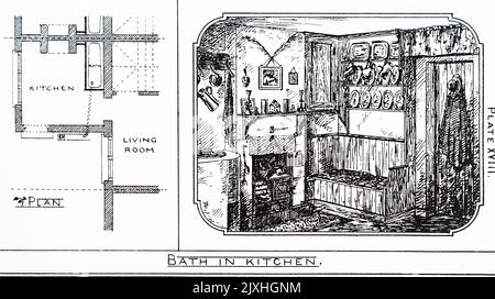 Illustration and floor plan of a kitchen, which will be fitted with a bath, in the home of an artisan. Dated 19th Century Stock Photo