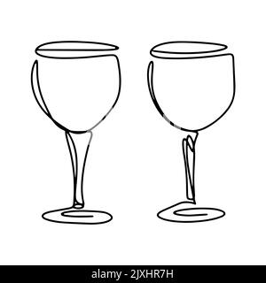 Pair of wine glasses isolated line art vector. Glasses on legs for alcoholic drinks. Utensils for drinking black outline on white background Stock Vector