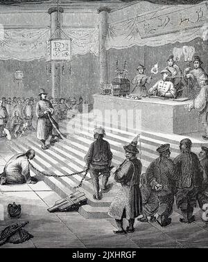 Illustration depicting a Mandarin bureaucrat facing trial. Dated 19th Century Stock Photo