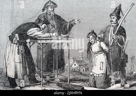 Illustration depicting a female offender brought before a Mandarin for Judgement. Dated 19th Century Stock Photo