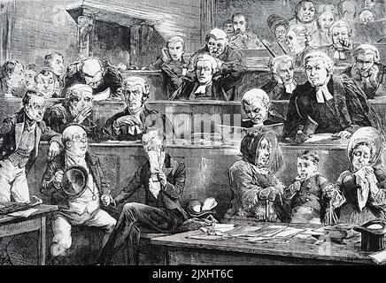 Illustration depicting the trial between Bardell versus Pickwick for the Pickwick Papers by Charles Dickens (1812-1870) an English writer and social critic. Illustrated by T. W. Wilson (1851-1912) an English illustrator. Dated 19th Century Stock Photo